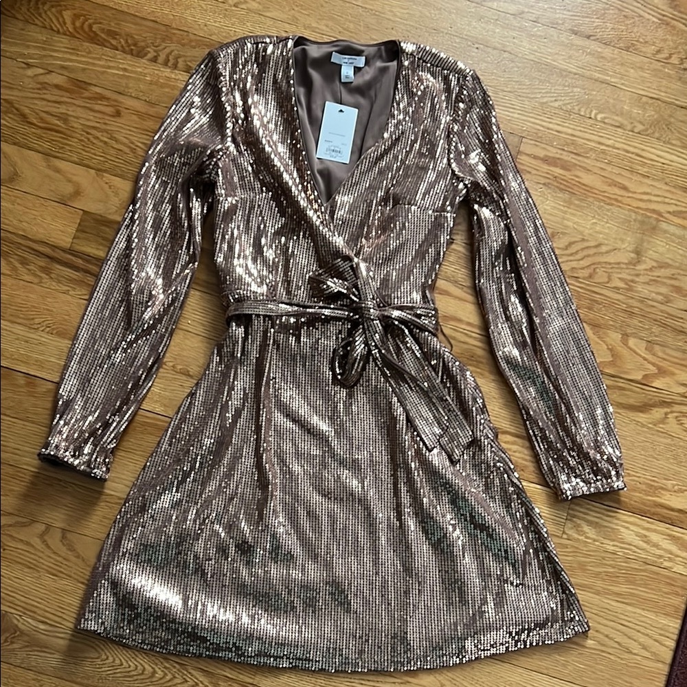 Cara Santana and Nine West Metallic Gold Sequin Faux- Wrap Dress